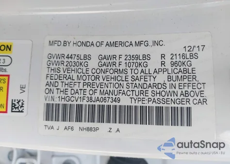 2018 Honda Accord Sport from USA, damaged, VIN 1HGCV1F38JA067349